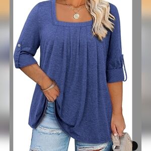 Casual Pleated Navy Blue Roll-Sleeve Women's Top